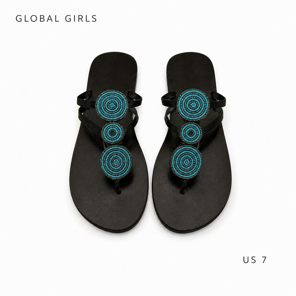 Global Girls Turquoise Beaded Circle Thong Sandals Black Flat US 7 Boho